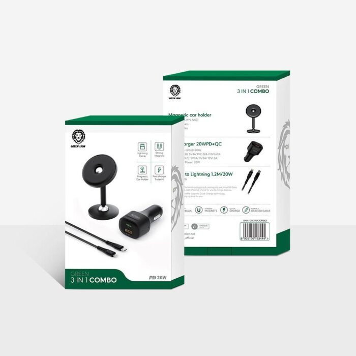 Green Lion 3in1 Combo PD20W Magnetic Car Holder & Car Charger Color Black. Model : GN3IN1COMBO