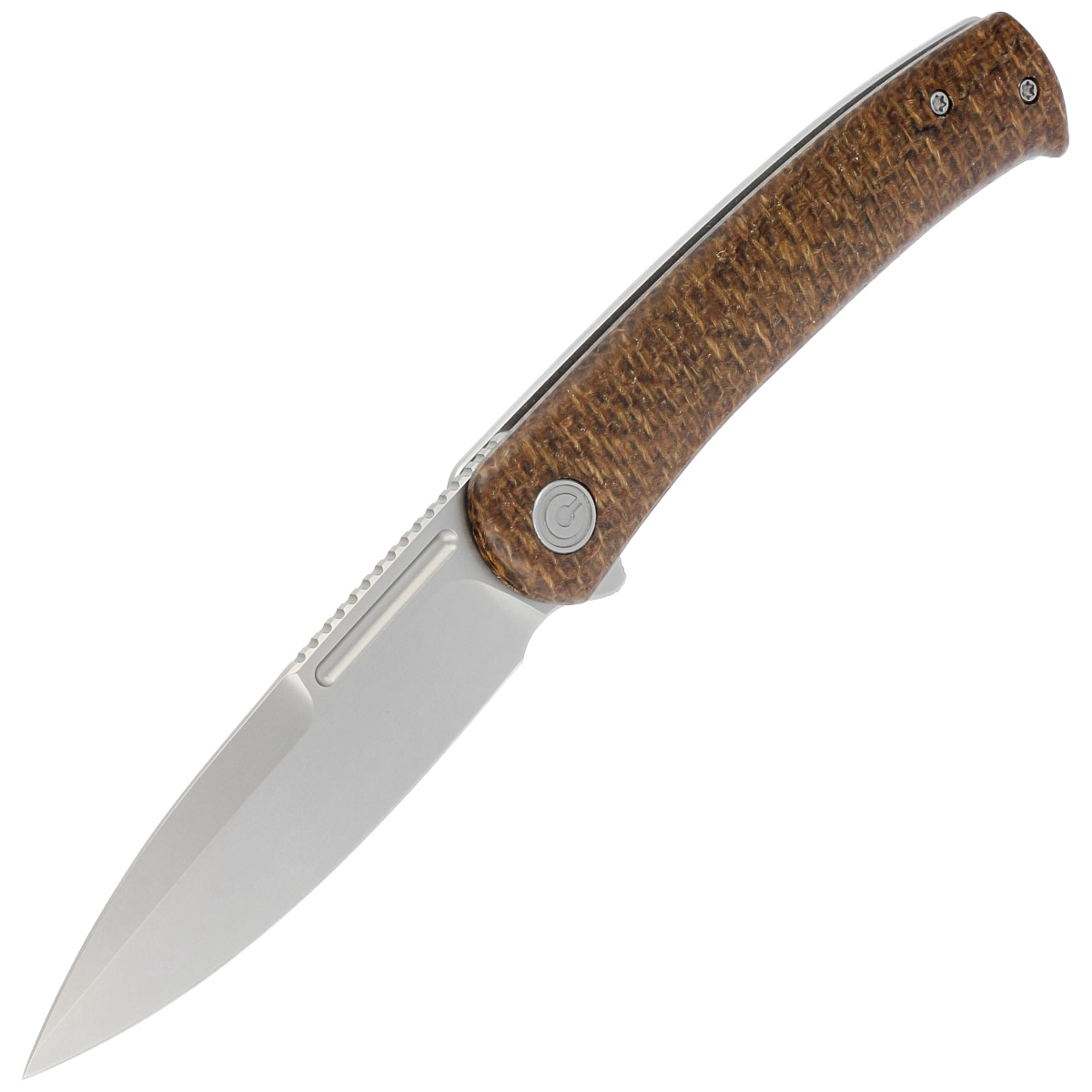 Civivi Discontinued Cetos Brown Micarta Coarse Presentation Handle With Gray Steel Lock Side Handle Silver Bead Blasted 14C28N Blade Model: C21025B-1