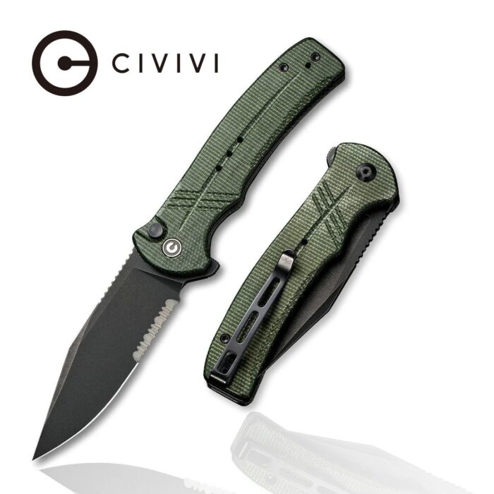 CIVIVI Cogent Green Micarta Handle Black Stonewashed 14C28N With Half Serrated Blade Model : C20038E-4