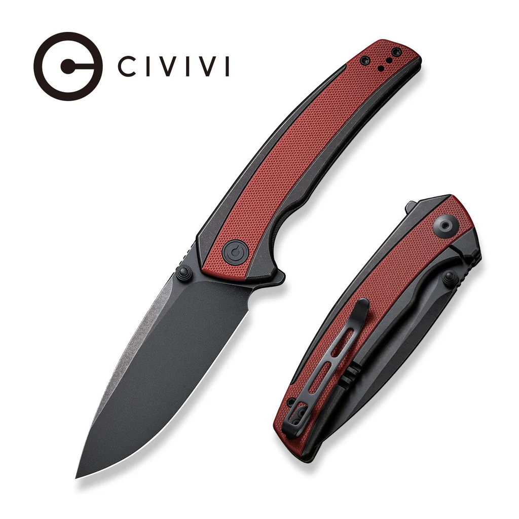 Civivi Teraxe Black Steel Handle With Burgundy G10 Inlay Black Stonewashe d Nitro-V Blade Model : C20036-1