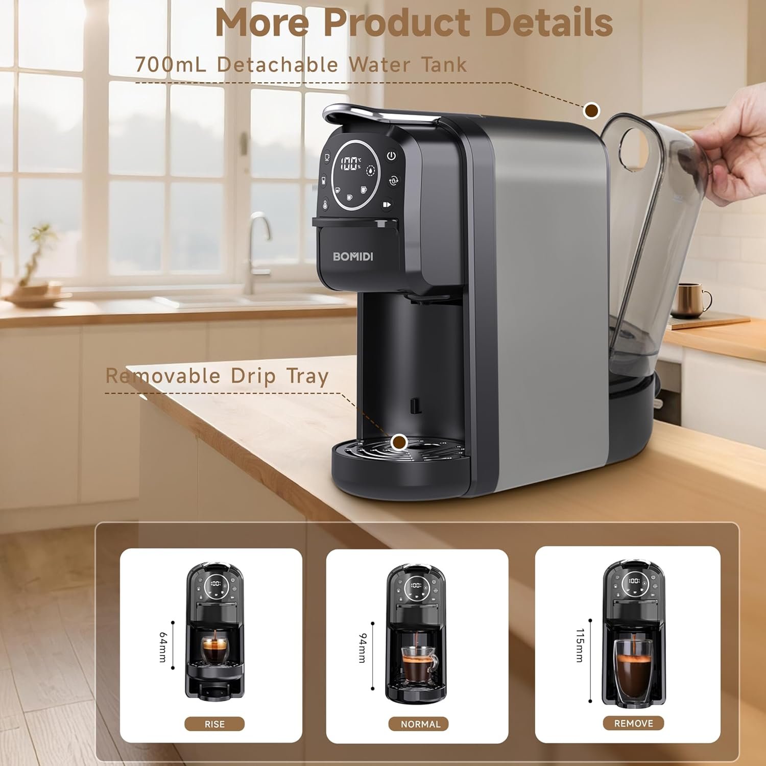 BOMIDI Capsule Coffee Machine 3-in-1 20 Bar Espresso Maker, 1400W, 700ml Tank | CM01 - Image 8