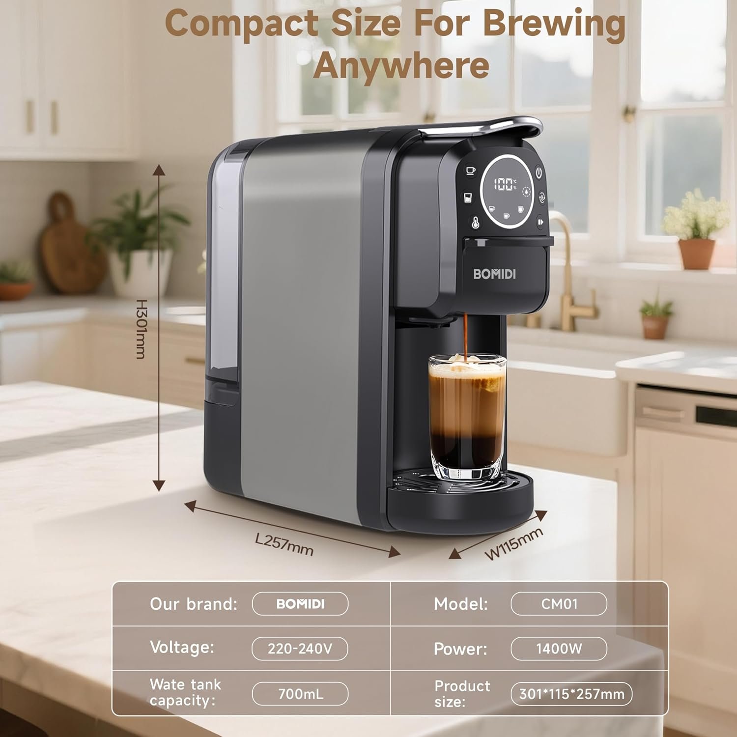 BOMIDI Capsule Coffee Machine 3-in-1 20 Bar Espresso Maker, 1400W, 700ml Tank | CM01 - Image 4