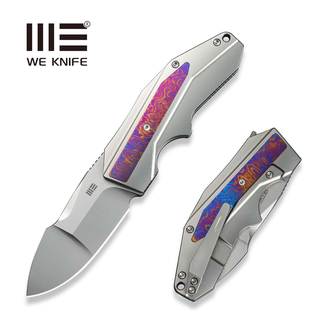WE Coral Polished Bead Blasted Titanium Handle With Timascus Inlay Polished Bead Blasted CPM 20CV Blade Model: WE24044-4