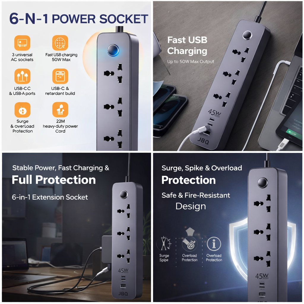 JBQ Multiple Security 6 in 1 Extension 2.0m Socket 2500W Model: J485064 - Image 2