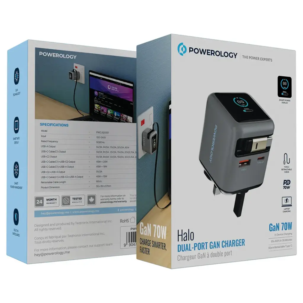 Powerology Halo 70W charger with retractable cable Output :70W (max) Model: PWCUQC051 - Image 4