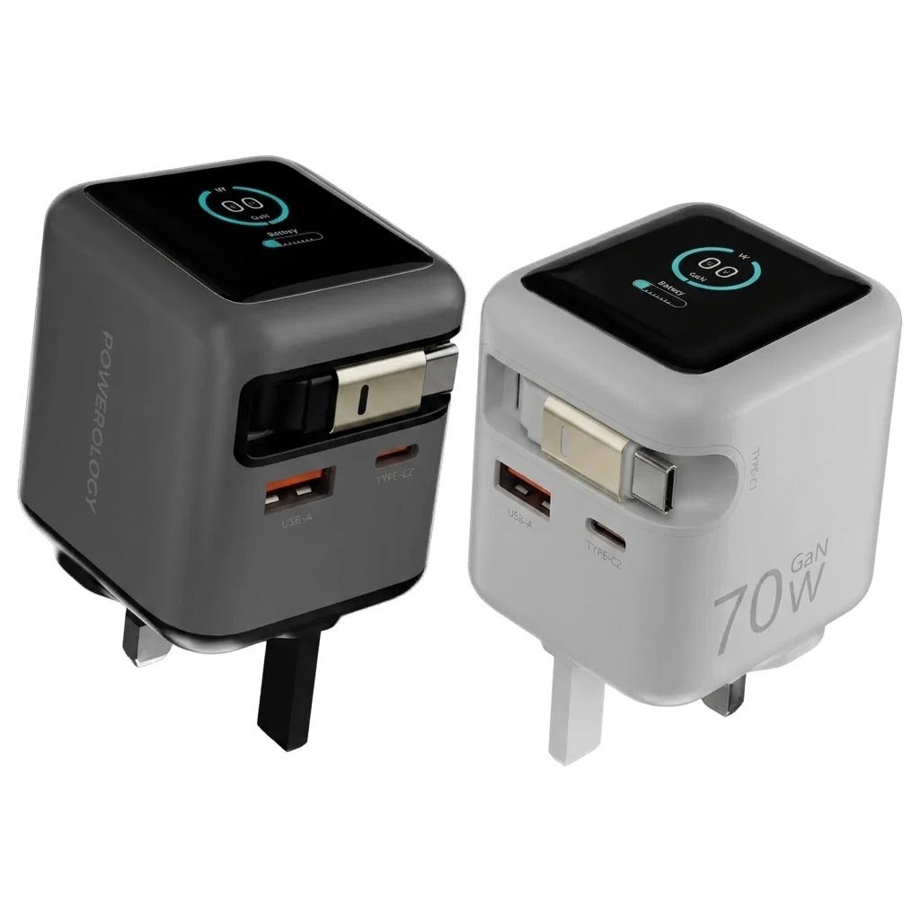 Powerology Halo 70W charger with retractable cable Output :70W (max) Model: PWCUQC051