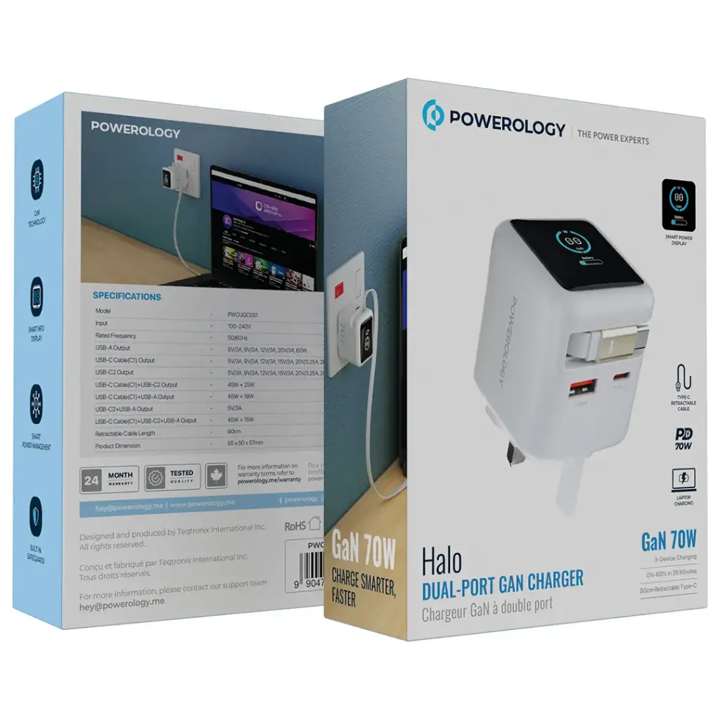 Powerology Halo 70W charger with retractable cable Output :70W (max) Model: PWCUQC051 - Image 7